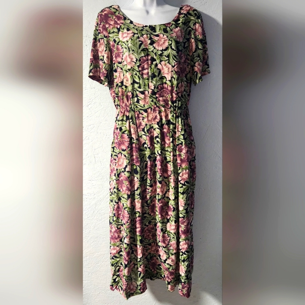 Vintage 1980s Green & Purple Floral Dress - Women's Size Medium